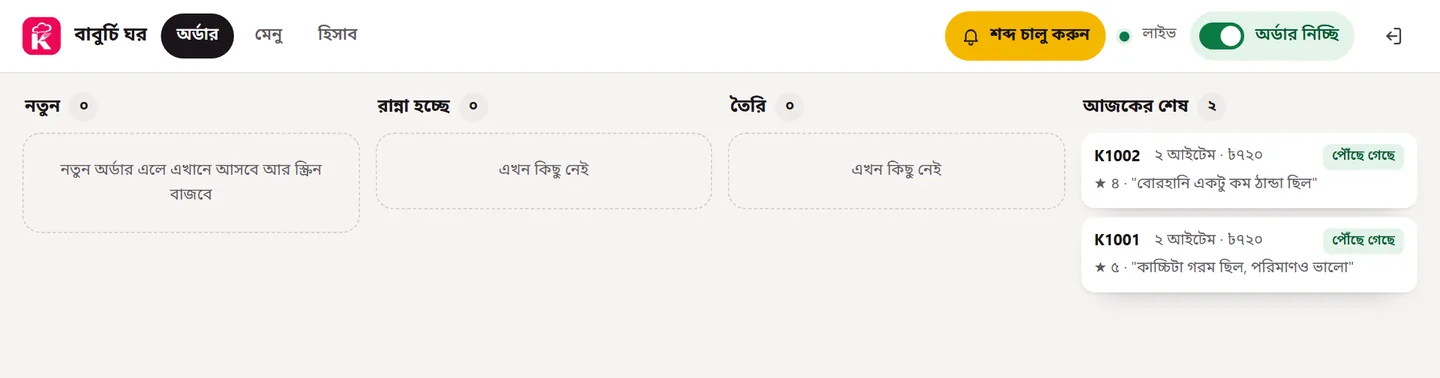 ফাঁকা অর্ডার পাতা, ওপরে শব্দ চালু করুন বোতাম আর লাইভ চিহ্ন