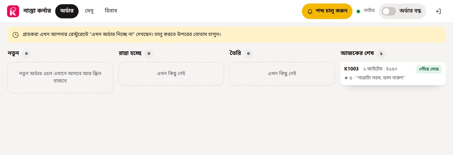 অর্ডার বন্ধ অবস্থায় প্যানেল ও সতর্ক বার্তা
